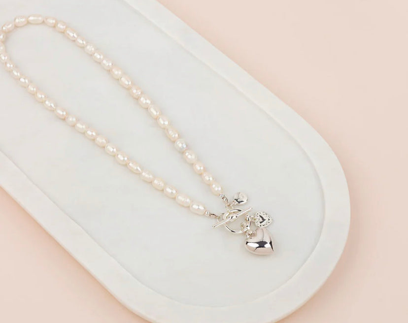 LillyCo Limited Edition Short Silver Heart On Freshwater Pearl Necklace - L1750NS