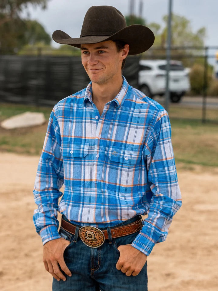 Black Colt Mens Half Button Shirt - Blue & Orange Seersucker