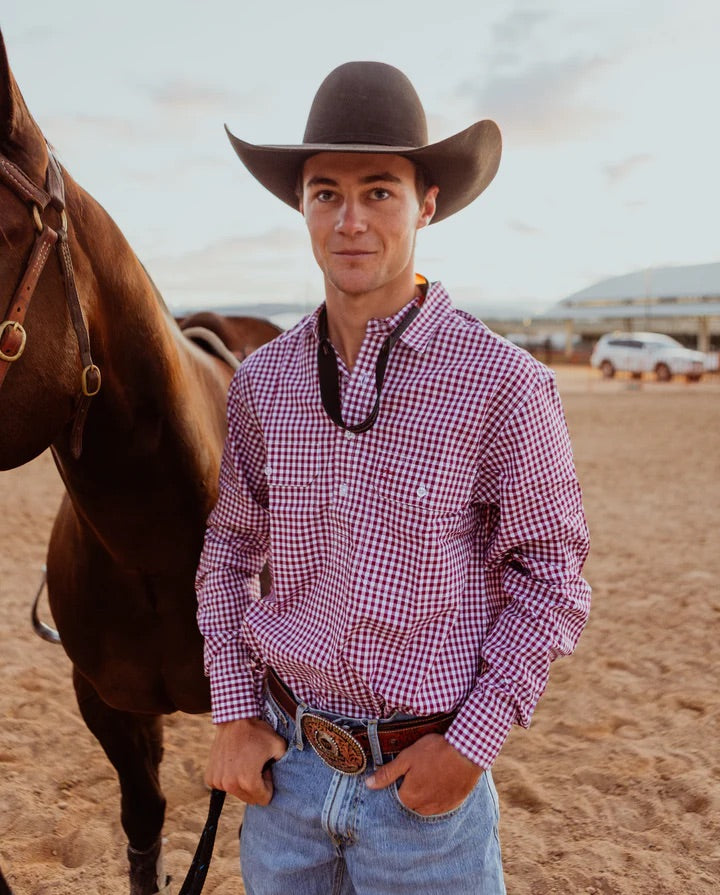 Black Colt Mens Half Button Red Wine Gingham Shirt