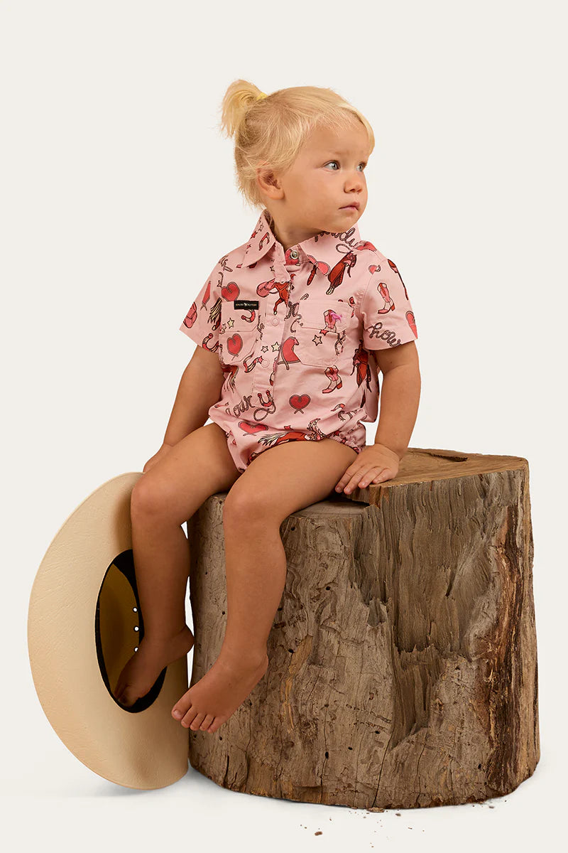 Ringers Western Mini Cowgirl Babies Work Shirt Romper Onesie - Dusty Pink