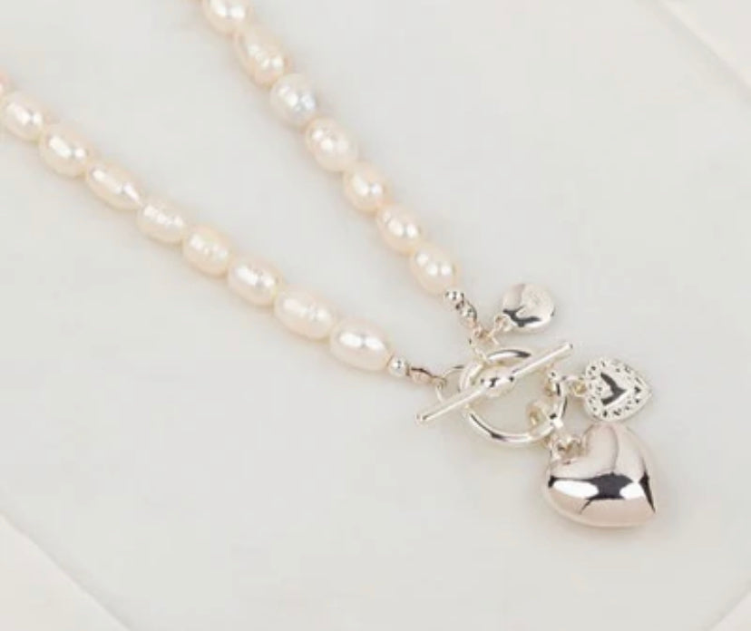 LillyCo Limited Edition Short Silver Heart On Freshwater Pearl Necklace - L1750NS