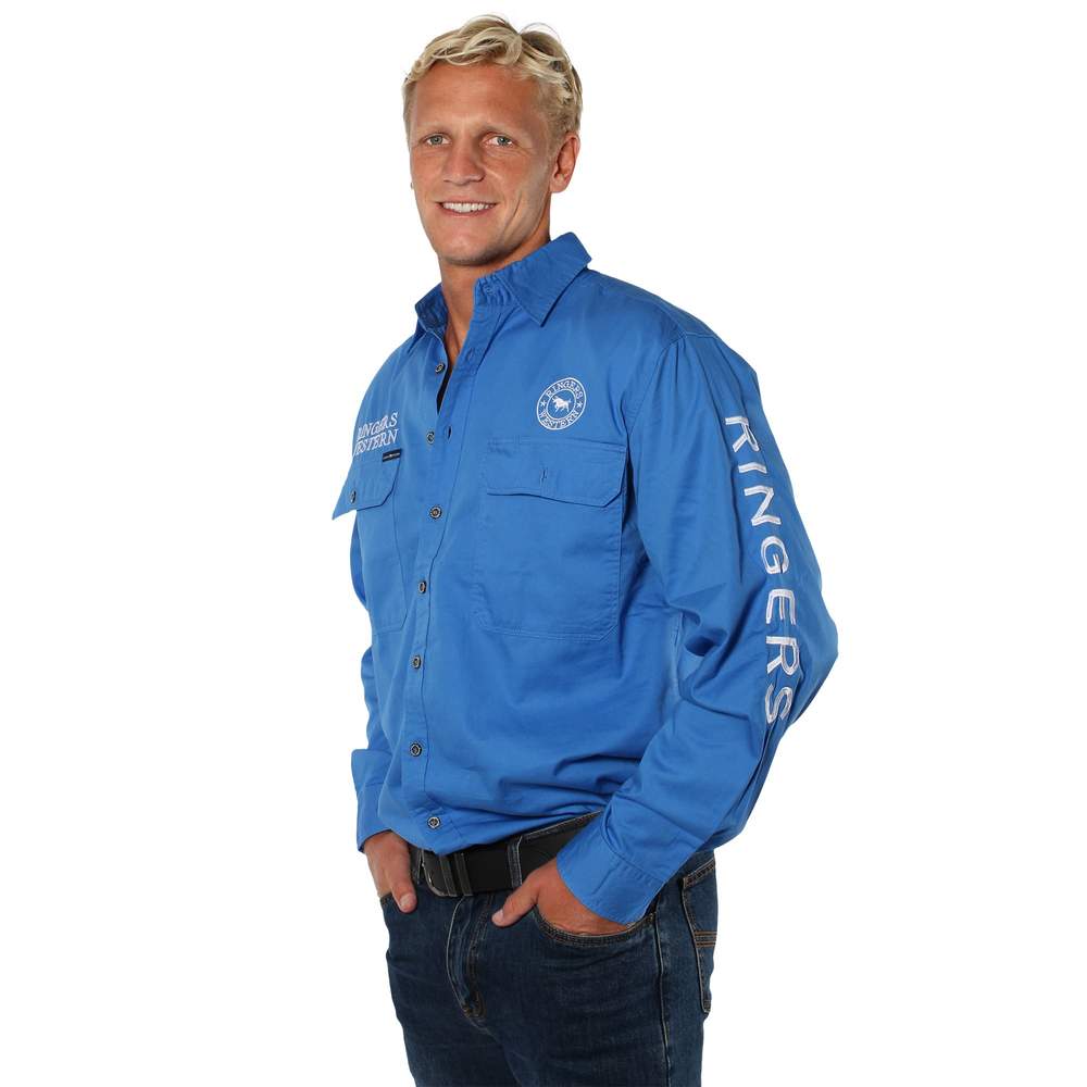 Hawkeye Mens Full Button Work Shirt Blue