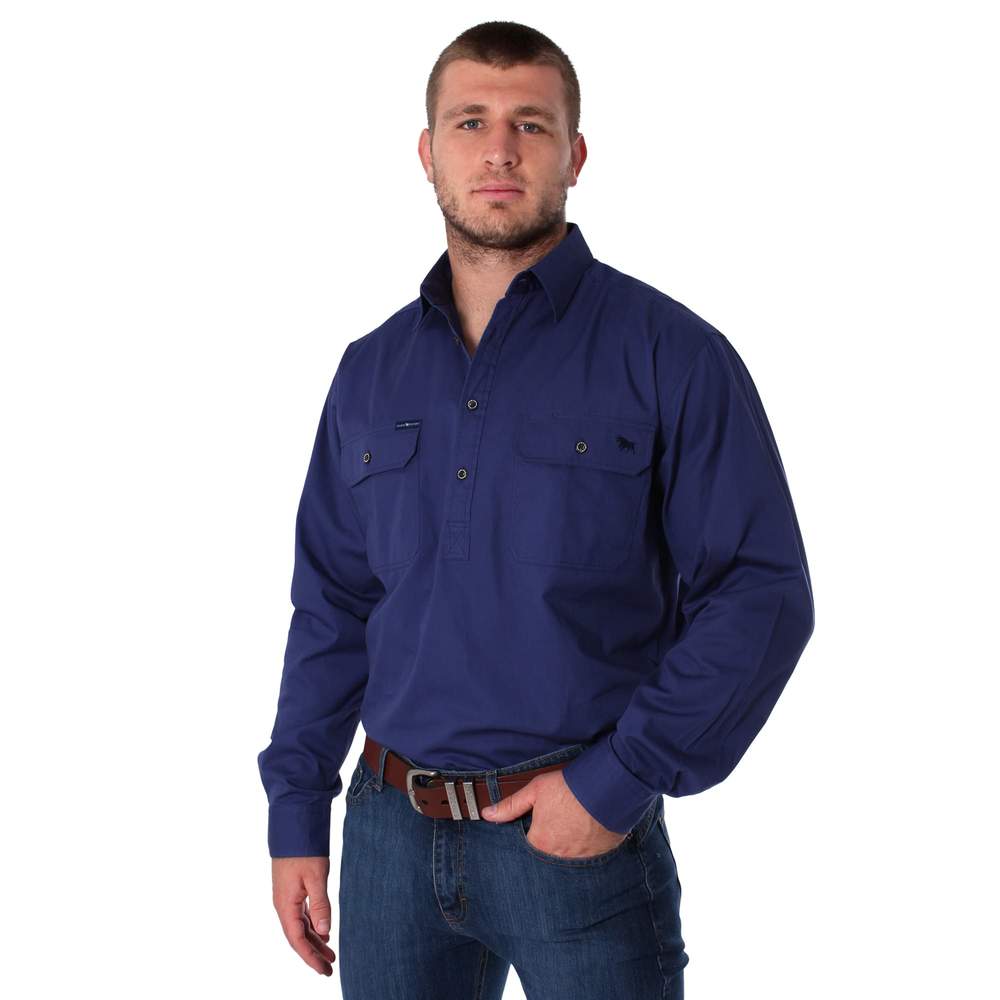 Ringers Western King River Half Button Work Shirt - Steel Blue