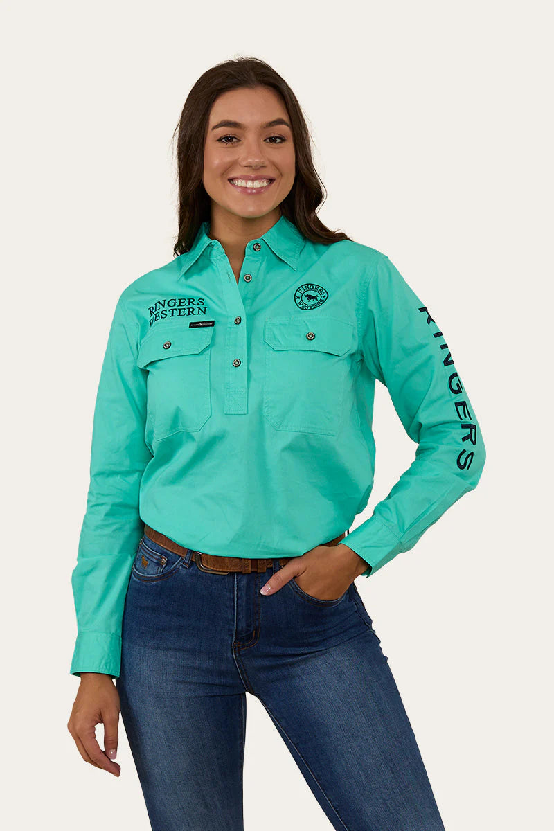 Ringer Western Womens Signature Jillaroo Half Button Work Shirt - Mint / Navy