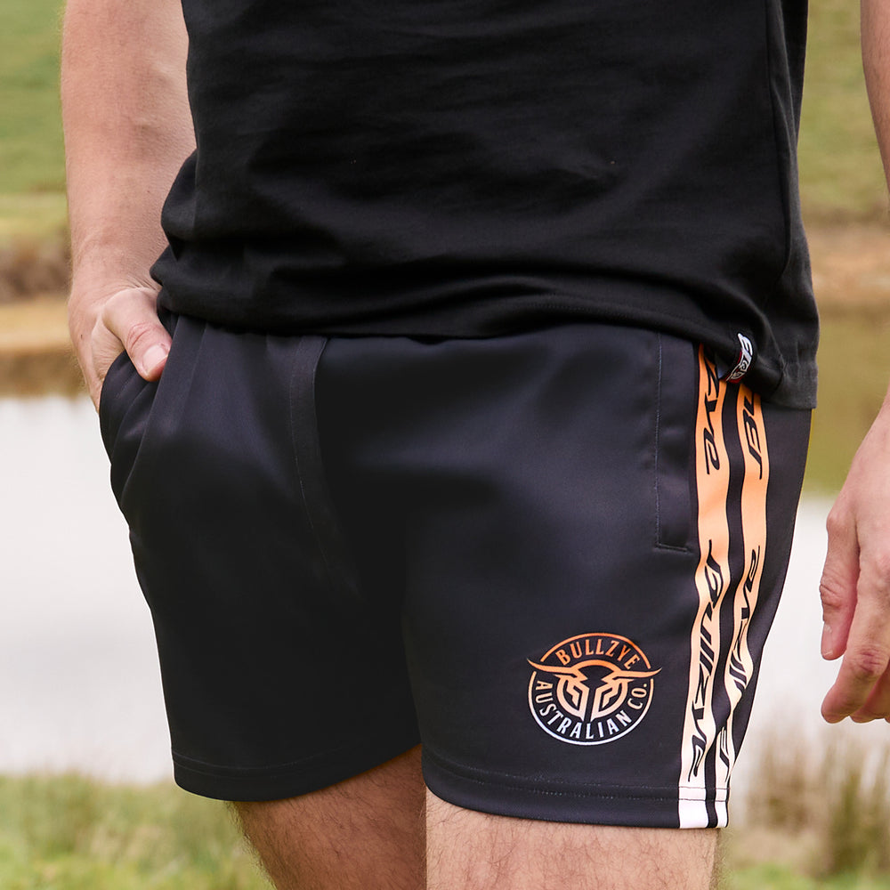 Bullzye Mens Bullring Footy Shorts - Black / Orange