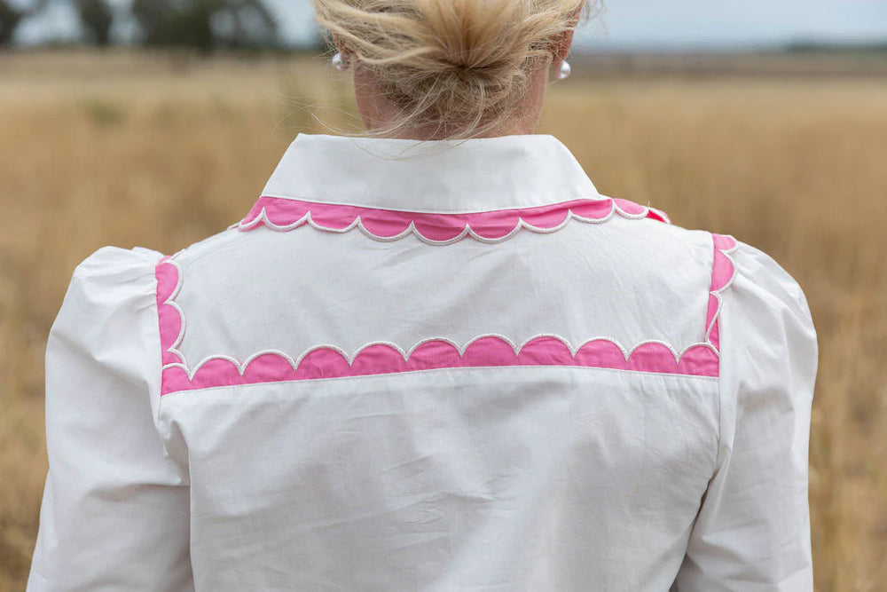 
                      
                        Black Colt Ivy Scalloped Trim Cotton Blouse - White / Pink Trim
                      
                    