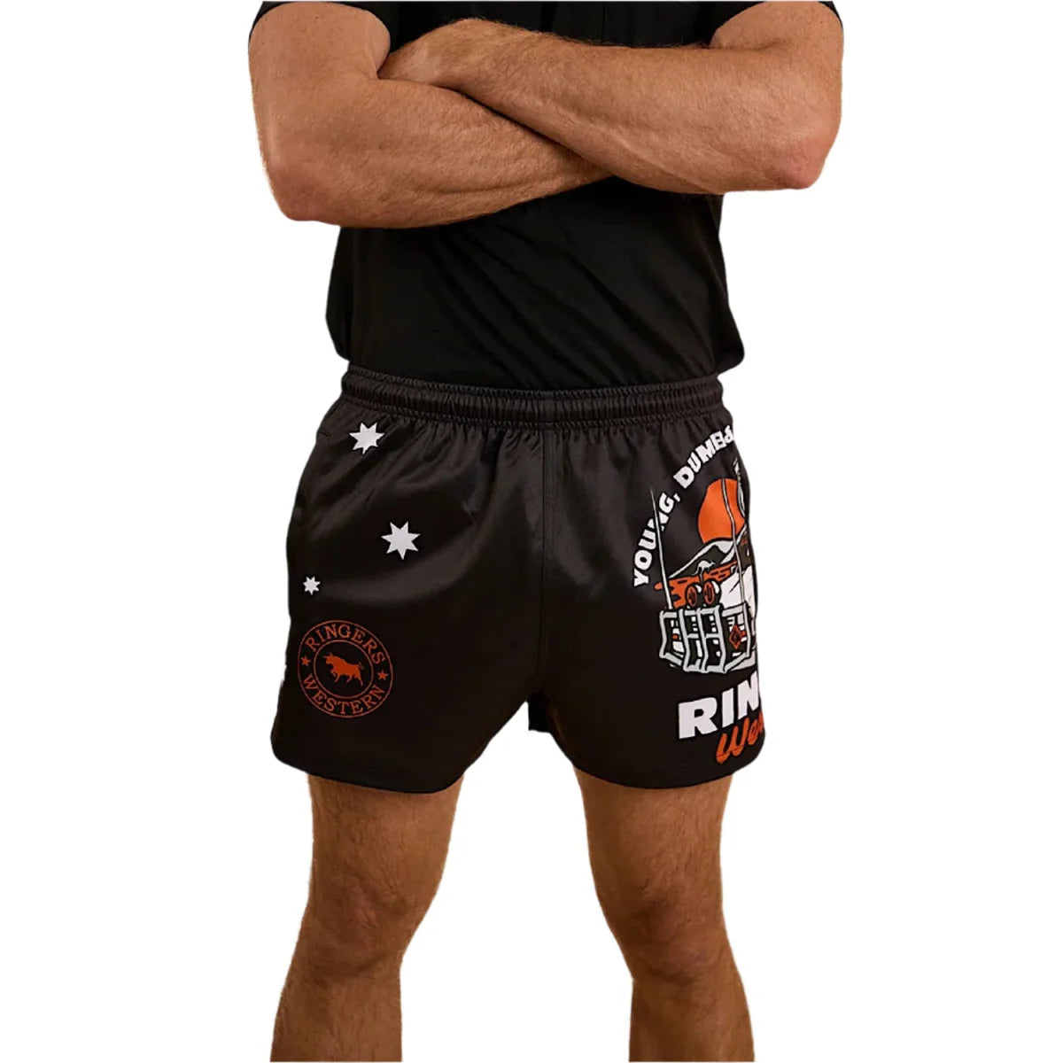 Ringers Western Young and Dumb Mens Footy Shorts  - Black/Orange
