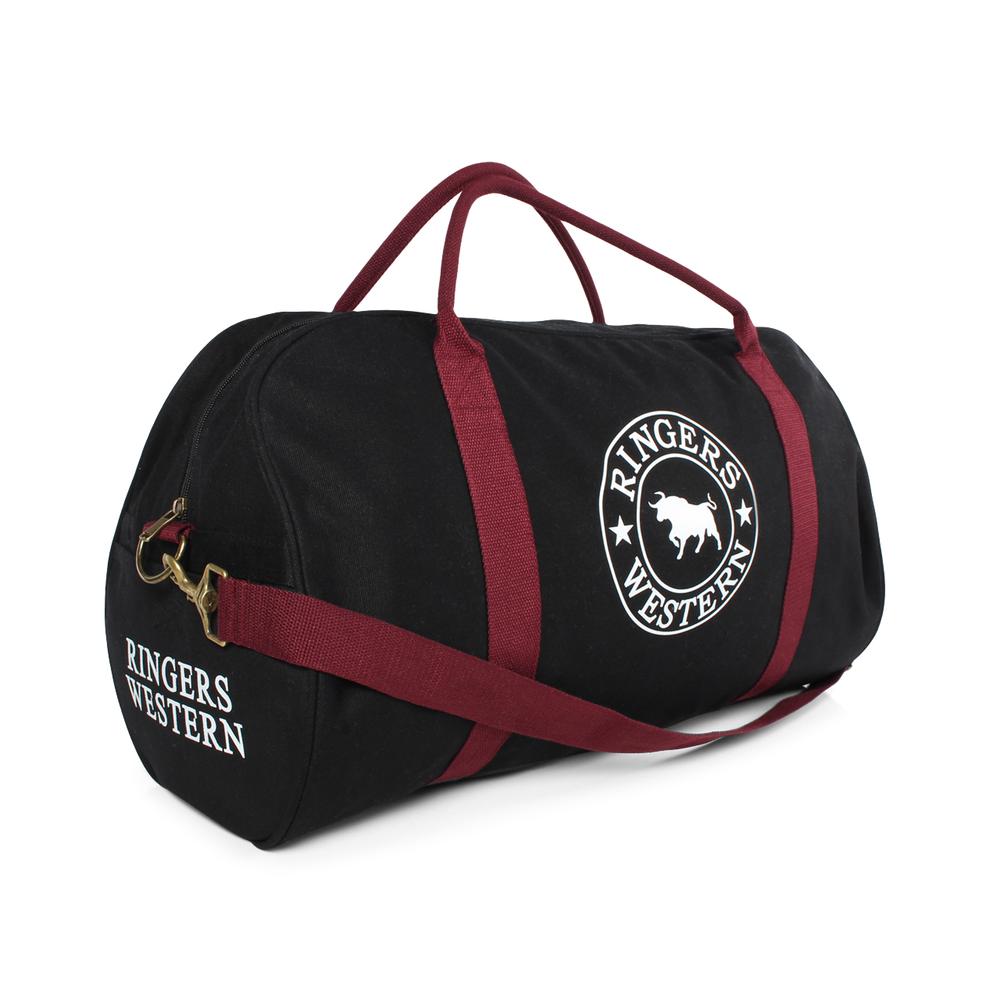 Gundagai Duffle Bag - Black & Maroon with White Print