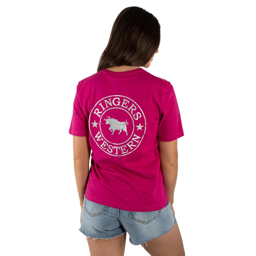 Signature Bull Womens LOOSE T-Shirt - Magenta with Silver Print