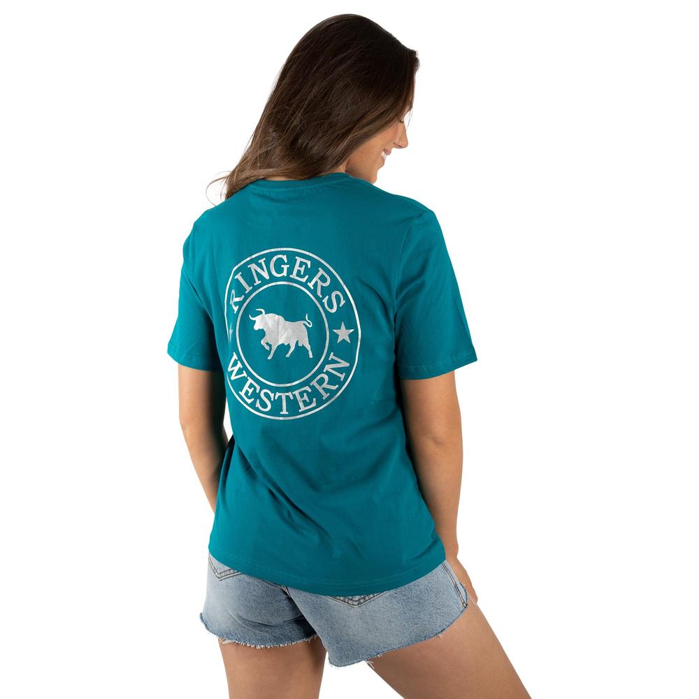 Signature Bull Womens LOOSE T-Shirt - Teal with Silver Print