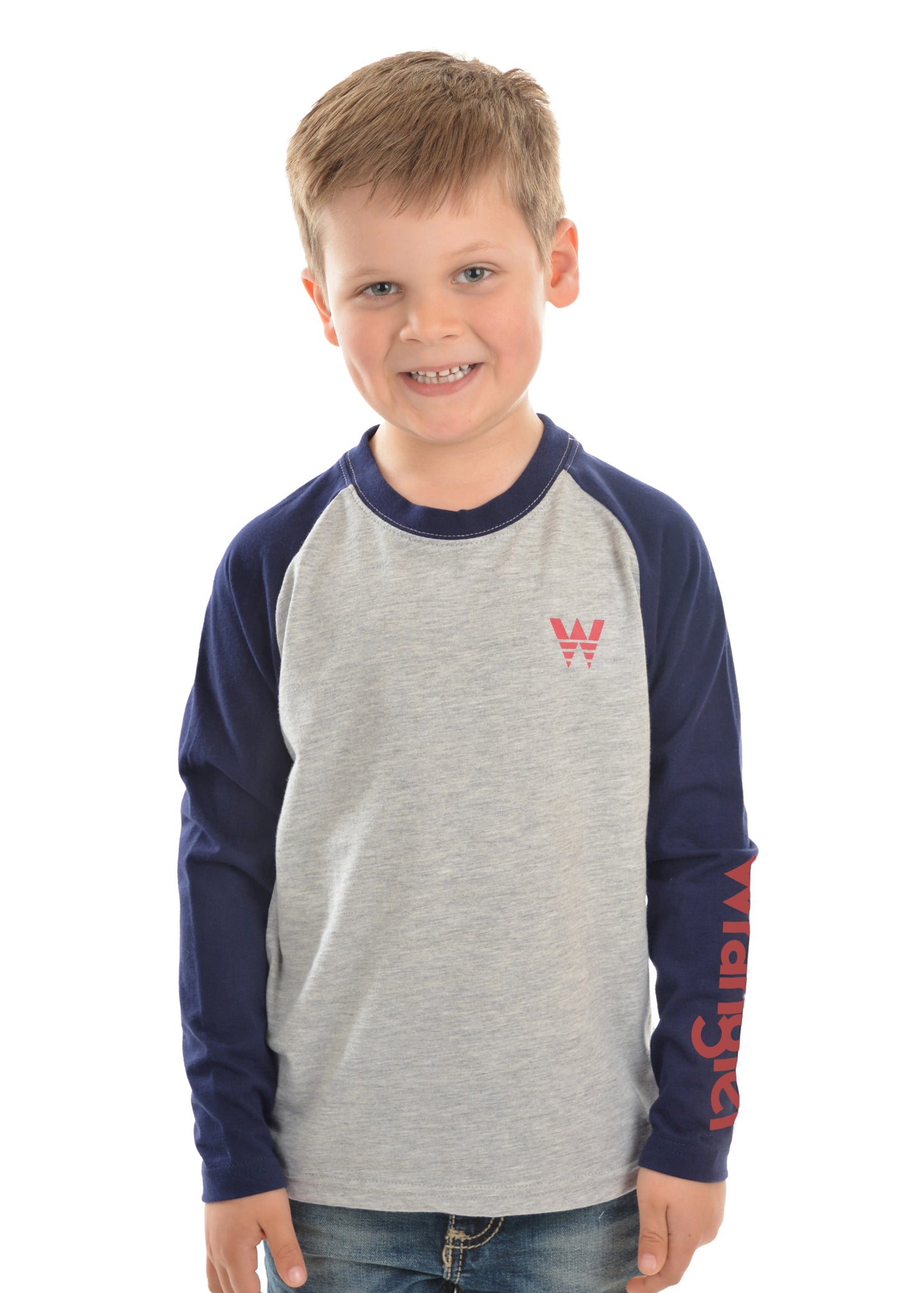 Wrangler Logo - Raglan Long Sleeve T Shirt - Boys - Grey/Navy/Red