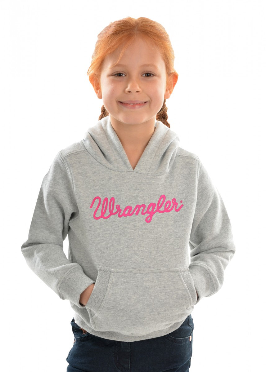 Wrangler Logo Girls Hoodie - Grey with pink logo