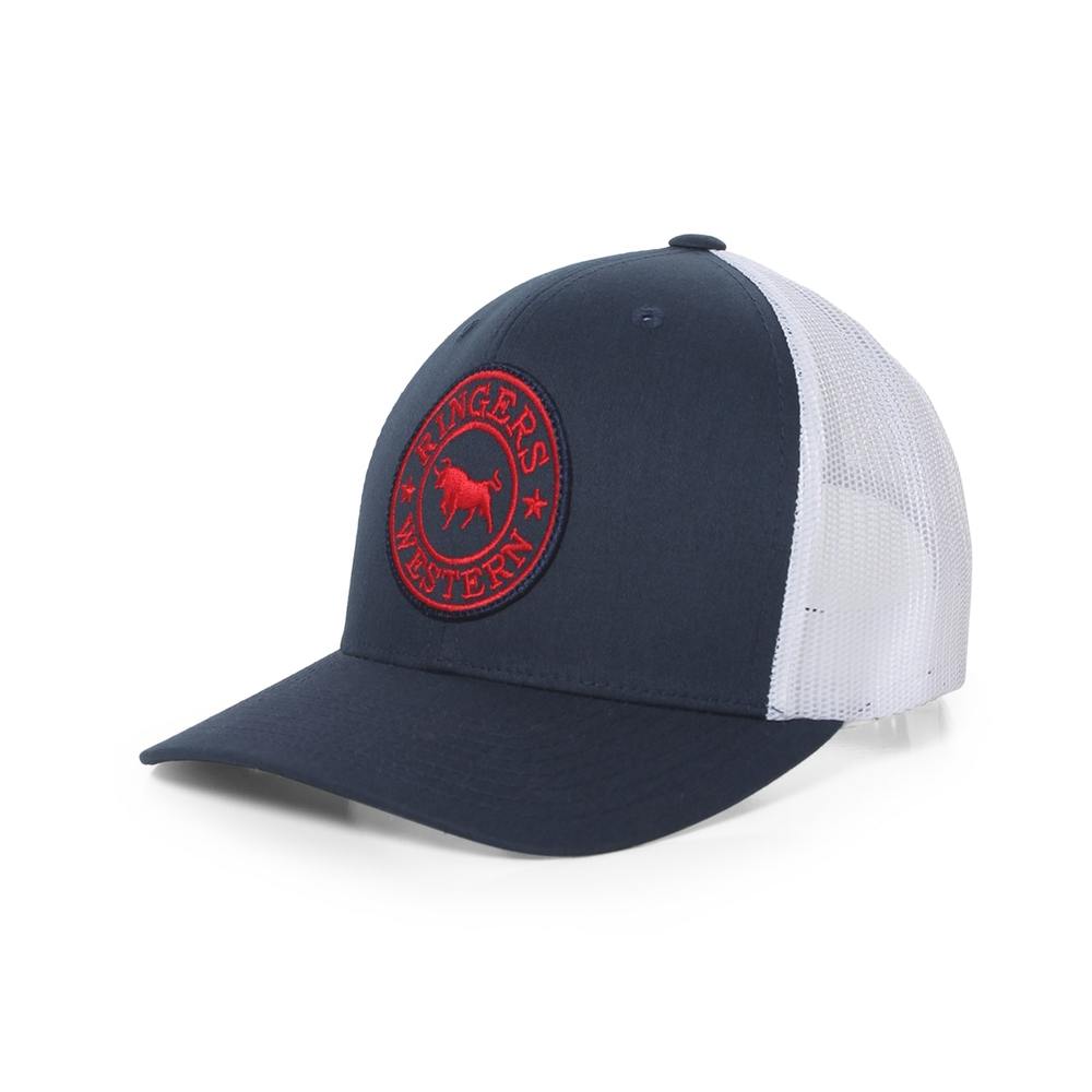 Ringers Western KIDS Signature Bull Trucker Cap - Navy & White with Navy & Red Patch